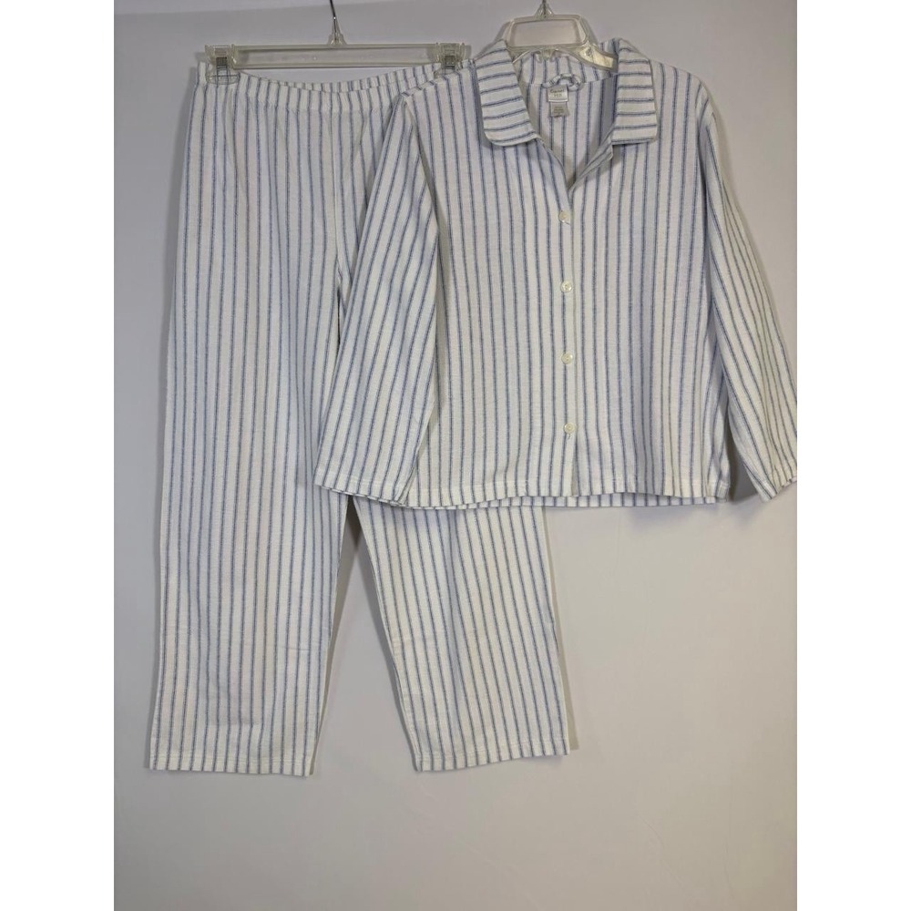 Garnet Hill Flannel Pajama Set White Blue Stripes Women's S Cottagecore Cozy